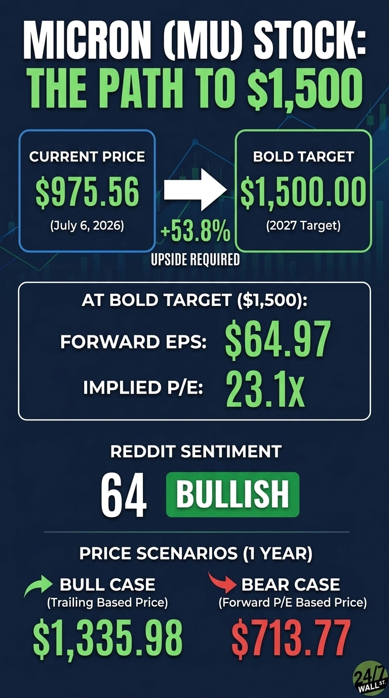 An infographic with a dark blue background presents financial data for Micron (MU) stock. The top section, titled 'MICRON (MU) STOCK: THE PATH TO $1,500', shows a blue box for 'CURRENT PRICE' at $975.56 (July 6, 2026) and a green box for 'BOLD TARGET' at $1,500.00 (2027 Target), connected by a white arrow. Below the arrow, '+53.8% UPSIDE REQUIRED' is displayed. The middle section, 'AT BOLD TARGET ($1,500)', lists 'FORWARD EPS: $64.97' and 'IMPLIED P/E: 23.1x'. Further down, 'REDDIT SENTIMENT' shows '64 BULLISH'. The bottom section, 'PRICE SCENARIOS (1 YEAR)', details a green 'BULL CASE (Trailing Based Price)' of $1,335.98 and a red 'BEAR CASE (Forward P/E Based Price)' of $713.77. The 24/7 WALL ST. logo is in the bottom right corner.