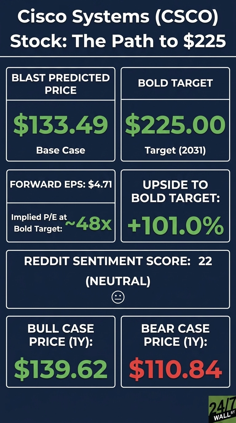 An infographic on Cisco Systems (CSCO) Stock titled 'The Path to $225'. It features a dark blue background with white text for labels and prominent green text for positive financial values, and red for negative. Key data points include: BLAST Predicted Price (Base Case) $133.49, Bold Target (Target 2031) $225.00, Forward EPS $4.71, Implied P/E at Bold Target ~48x, Upside to Bold Target +101.0%, Reddit Sentiment Score 22 (Neutral) with a neutral emoji, Bull Case Price (1Y) $139.62, and Bear Case Price (1Y) $110.84.