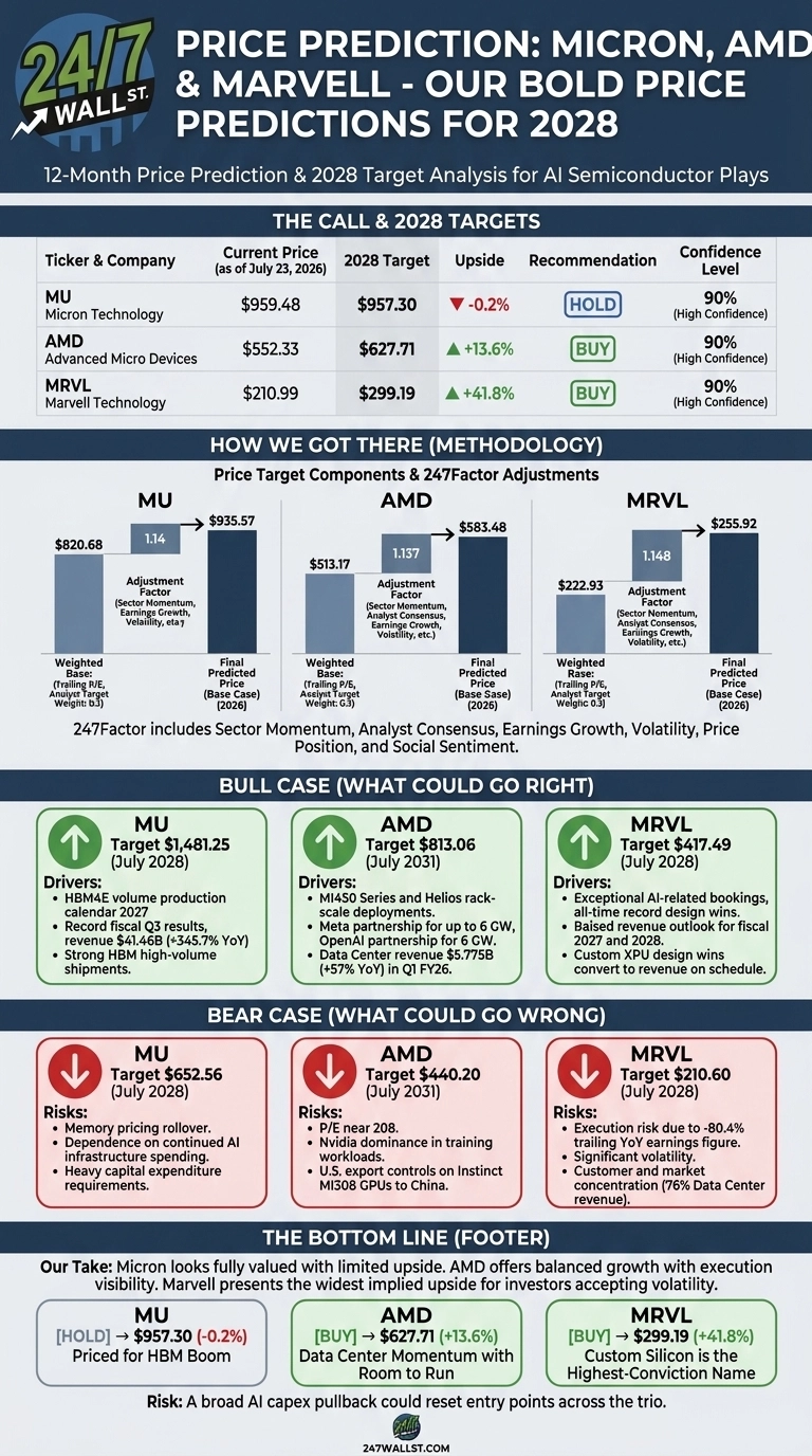 An infographic titled 'PRICE PREDICTION: MICRON, AMD & MARVELL - OUR BOLD PRICE PREDICTIONS FOR 2028' on a dark blue background. The top section, 'THE CALL & 2028 TARGETS', displays a table with current prices (as of July 23, 2026), 2028 targets, upside, recommendation, and confidence levels for MU Micron Technology, AMD Advanced Micro Devices, and MRVL Marvell Technology. Micron has a current price of $959.48, a 2028 target of $957.30, an upside of -0.2% (Hold), and 90% confidence. AMD has a current price of $552.33, a 2028 target of $627.71, an upside of +13.6% (Buy), and 90% confidence. Marvell has a current price of $210.99, a 2028 target of $299.19, an upside of +41.8% (Buy), and 90% confidence. Below this, 'HOW WE GOT THERE (METHODOLOGY)' shows three bar charts illustrating 'Price Target Components & 247Factor Adjustments' for each company, breaking down weighted base price, an adjustment factor (e.g., 1.14 for MU), and the final predicted price. The 'BULL CASE (WHAT COULD GO RIGHT)' section presents three green boxes with upward arrows, detailing target prices and drivers for MU ($1,481.25 July 2028), AMD ($813.06 July 2031), and MRVL ($417.49 July 2028). The 'BEAR CASE (WHAT COULD GO WRONG)' section features three red boxes with downward arrows, outlining target prices and risks for MU ($652.56 July 2028), AMD ($440.20 July 2031), and MRVL ($210.60 July 2028). The 'THE BOTTOM LINE (FOOTER)' summarizes the take on each company, stating Micron is priced for HBM Boom, AMD has Data Center Momentum with Room to Run, and Marvell's Custom Silicon is the Highest-Conviction Name. A general risk statement about AI capex pullback is included at the bottom.