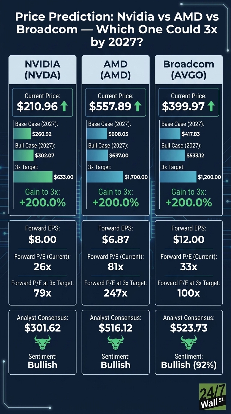 An infographic with the title 'Price Prediction: Nvidia vs AMD vs Broadcom — Which One Could 3x by 2027?'. It is structured into three vertical columns, one for each company: NVIDIA (NVDA), AMD (AMD), and Broadcom (AVGO). For each company, the infographic displays: Current Price (NVIDIA $210.96, AMD $557.89, Broadcom $399.97), Base Case (2027) price (NVIDIA $260.92, AMD $608.05, Broadcom $417.83), Bull Case (2027) price (NVIDIA $302.07, AMD $637.00, Broadcom $533.12), 3x Target price (NVIDIA $633.00, AMD $1,700.00, Broadcom $1,200.00), Gain to 3x (+200.0% for all), Forward EPS (NVIDIA $8.00, AMD $6.87, Broadcom $12.00), Forward P/E (Current) (NVIDIA 26x, AMD 81x, Broadcom 33x), Forward P/E at 3x Target (NVIDIA 79x, AMD 247x, Broadcom 100x), Analyst Consensus price (NVIDIA $301.62, AMD $516.12, Broadcom $523.73), and Sentiment ('Bullish' for all, with Broadcom showing 92%). The background is dark blue with subtle circuit board patterns.