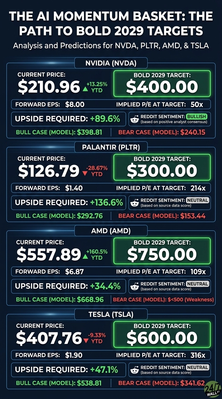 An infographic titled 'THE AI MOMENTUM BASKET: THE PATH TO BOLD 2029 TARGETS' on a dark blue background. It presents analysis and predictions for four stocks: NVIDIA (NVDA), Palantir (PLTR), AMD (AMD), and Tesla (TSLA). Each stock has a dedicated section showing its Current Price, YTD percentage change, Bold 2029 Target, Forward EPS, Implied P/E at Target, Upside Required, Reddit Sentiment, Bull Case (Model) price, and Bear Case (Model) price. For NVIDIA (NVDA), the listed current price is $210.96 (+13.25% YTD), the Bold 2029 Target is $400.00, Forward EPS is $8.00, Implied P/E at Target is 50x, Upside Required is +89.6%, Reddit Sentiment is Bullish (based on positive analyst consensus), Bull Case (Model) is $398.81, and Bear Case (Model) is $240.15. For Palantir (PLTR), the listed current price is $126.79 (-28.67% YTD), the Bold 2029 Target is $300.00, Forward EPS is $1.40, Implied P/E at Target is 214x, Upside Required is +136.6%, Reddit Sentiment is Neutral (based on source data score), Bull Case (Model) is $292.76, and Bear Case (Model) is $153.44. For AMD (AMD), the listed current price is $557.89 (+160.5% YTD), the Bold 2029 Target is $750.00, Forward EPS is $6.87, Implied P/E at Target is 109x, Upside Required is +34.4%, Reddit Sentiment is Neutral (based on source data score), Bull Case (Model) is $668.96, and Bear Case (Model) is $<500 (Weakness). For Tesla (TSLA), the listed current price is $407.76 (-9.33% YTD), the Bold 2029 Target is $600.00, Forward EPS is $1.90, Implied P/E at Target is 316x, Upside Required is +47.1%, Reddit Sentiment is Neutral (based on source data score), Bull Case (Model) is $538.81, and Bear Case (Model) is $341.62.