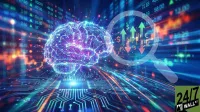 A brightly lit, glowing purple and blue digital brain rests on an intricate circuit board, symbolizing artificial intelligence. In the background, blurred stock market data with green and red numbers is visible. A large, translucent white magnifying glass overlays the scene, highlighting green upward arrows with dollar and euro symbols, and red downward arrows with dollar symbols. The overall color scheme is electric blue and purple with highlights of green and red. A '24/7 WALL ST' logo appears in the bottom right corner.