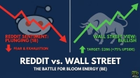A split infographic titled 'Reddit vs. Wall Street: The Battle for Bloom Energy (BE)'. The left panel, representing Reddit, shows a red downward trend line over a Reddit alien logo, with text 'REDDIT SENTIMENT: PLUNGING (18)' and 'FEAR & EXHAUSTION' alongside a red downward arrow. The right panel, representing Wall Street, features a gray bull graphic with a green upward trend line, and text 'WALL STREET VIEW: BULLISH' and 'TARGET: $286 (+75% UPSIDE)' next to a green upward arrow. A white vertical line divides the two panels.