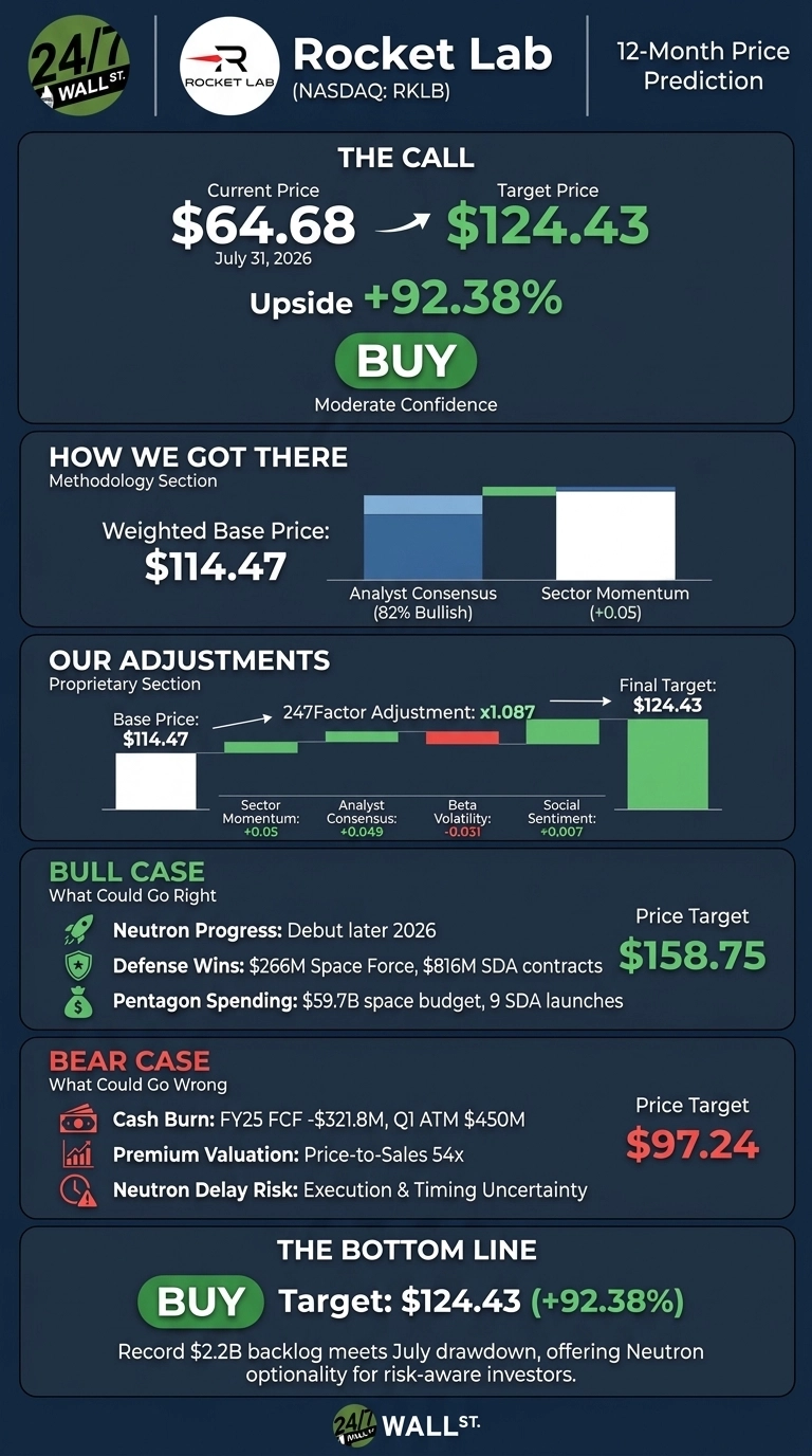 An infographic with a dark blue background, white and green text, predicting Rocket Lab's (RKLB) 12-month stock price. The top section, 'The Call', shows a current price of $64.68 (July 31, 2026) moving to a target price of $124.43, representing a 92.38% upside, with a 'BUY' recommendation and 'Moderate Confidence'. Sections detailing 'How We Got There' and 'Our Adjustments' include a weighted base price of $114.47 and a 247Factor Adjustment of x1.087, with bar charts illustrating contributing factors like analyst consensus, sector momentum, beta volatility, and social sentiment leading to the final target. 'Bull Case' lists factors like Neutron progress and defense wins with a $158.75 price target. 'Bear Case' lists concerns like cash burn and premium valuation with a $97.24 price target. The 'The Bottom Line' reiterates the 'BUY' call with a target of $124.43 (+92.38%).