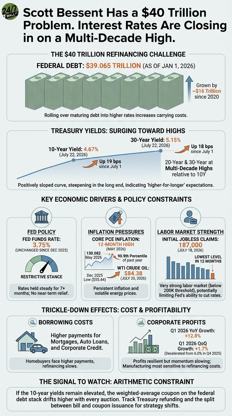 An infographic titled 'Scott Bessent Has a $40 Trillion Problem. Interest Rates Are Closing in on a Multi-Decade High.' The top section, 'The $40 Trillion Refinancing Challenge,' shows Federal Debt at $39.065 TRILLION as of January 1, 2026, depicted as stacks of money, noting it has grown by ~$16 Trillion since 2020. The 'Treasury Yields: Surging Toward Highs' section features a line graph indicating a 10-Year Yield of 4.67% (July 22, 2026), up 19 basis points since July 1, and a 30-Year Yield of 5.15% (July 22, 2026), up 18 basis points since July 1. This section also states 20-Year & 30-Year yields are at multi-decade highs relative to 10Y. The 'Key Economic Drivers & Policy Constraints' section has three panels: 'Fed Policy' showing a Fed Funds Rate of 3.75% (unchanged since Dec 2025) and a restrictive stance; 'Inflation Pressures' with Core PCE Inflation at a 12-Month High (May 2026) at 130.082 (90.9th Percentile of past year) and WTI Crude Oil at $84.38 (July 20, 2026); and 'Labor Market Strength' indicating Initial Jobless Claims at 187,000 (July 18, 2026), the lowest level in 12 months. The 'Trickle-Down Effects: Cost & Profitability' section includes 'Borrowing Costs' describing higher payments for Mortgages, Auto Loans, and Corporate Credit, and 'Corporate Profits' showing Q1 2026 YoY Growth of +12.8% and Q1 2026 QoQ Growth of +1.7%. The final section, 'The Signal to Watch: Arithmetic Constraint,' explains the impact of elevated 10-year yields on the federal debt.