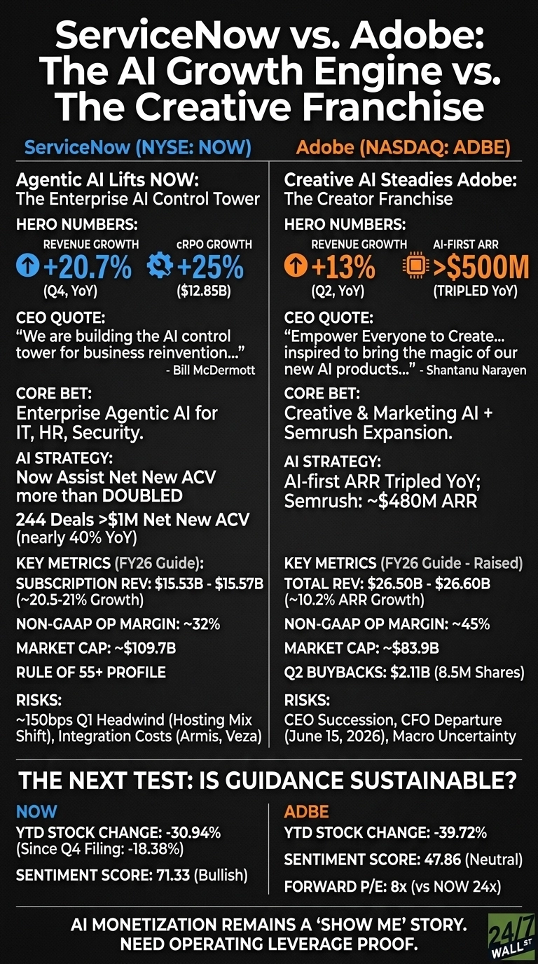 An infographic titled 'ServiceNow vs. Adobe: The AI Growth Engine vs. The Creative Franchise'. It's divided into two vertical sections on a dark background with white text, comparing ServiceNow (NYSE: NOW) on the left and Adobe (NASDAQ: ADBE) on the right. Each section details 'Hero Numbers' including revenue growth (+20.7% for NOW in Q4, YoY; +13% for ADBE in Q2, YoY) and other metrics like cRPO growth (+25%, $12.85B) for NOW and AI-First ARR (>$500M, Tripled YoY) for ADBE. It includes CEO quotes, 'Core Bet' strategies, 'AI Strategy' overviews, and 'Key Metrics' based on FY26 guidance, such as Subscription Rev ($15.53B - $15.57B) and Non-GAAP Op Margin (~32%) for NOW, and Total Rev ($26.50B - $26.60B) and Non-GAAP Op Margin (~45%) for ADBE. Market caps are ~$109.7B for NOW and ~$83.9B for ADBE. Risks for each company are listed. The bottom section, 'THE NEXT TEST: IS GUIDANCE SUSTAINABLE?', shows YTD stock changes (-30.94% for NOW, -39.72% for ADBE), sentiment scores (71.33 Bullish for NOW, 47.86 Neutral for ADBE), and Forward P/E (8x for ADBE vs NOW 24x). A concluding statement reads, 'AI MONETIZATION REMAINS A 'SHOW ME' STORY. NEED OPERATING LEVERAGE PROOF.'