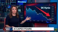 A female news anchor with long brown hair, wearing a dark blue dress, stands on the left side of the frame, gesturing with her right hand towards a large monitor. The monitor displays a dark blue graph with a white line showing a steep downward trend, labeled 'SK Hynix' with a prominent red arrow pointing down. Below the anchor, a red and white banner reads 'PROFIT MISS' and 'AI CAPEX FEARS'. The background features additional screens with financial data, typical of a news studio.