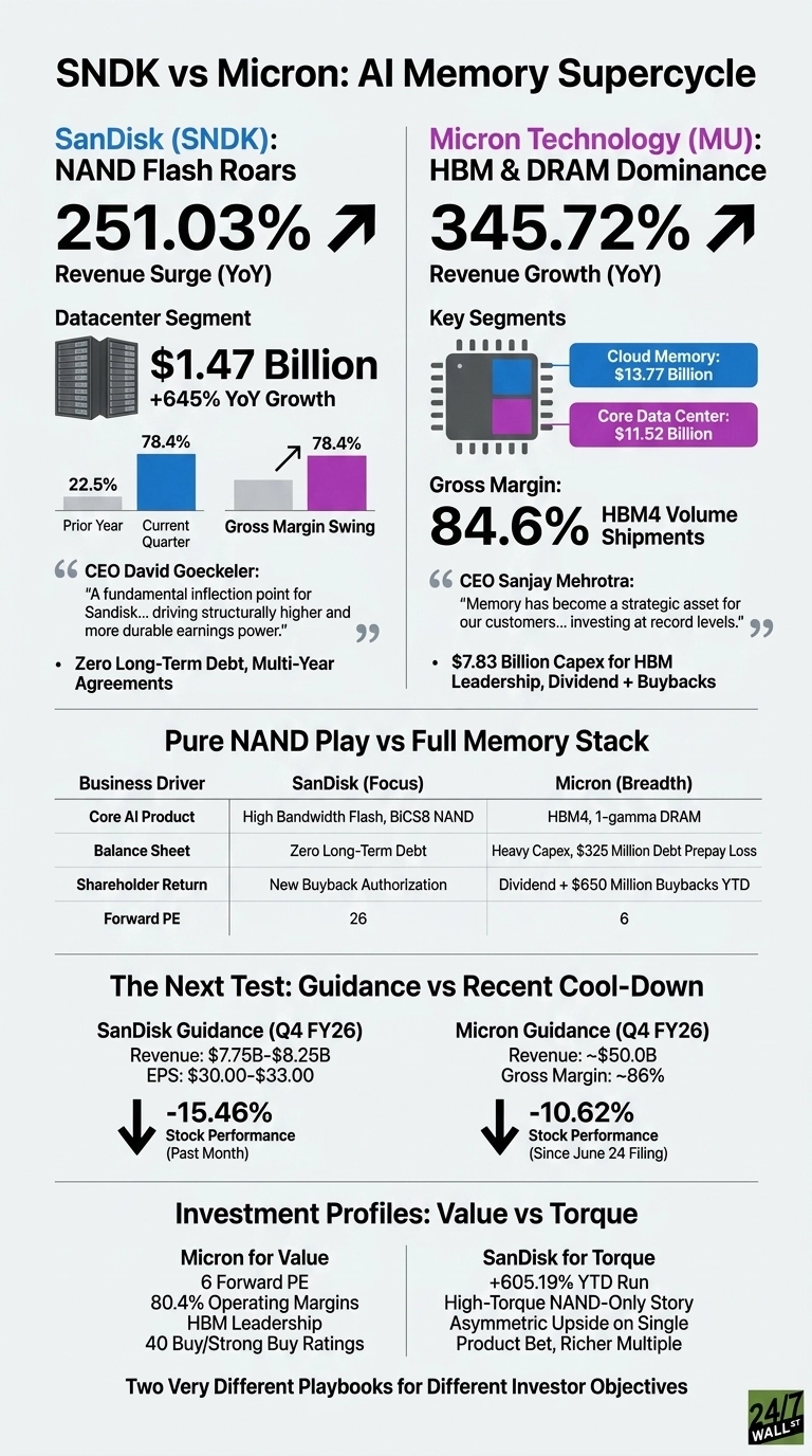 An infographic titled 'SNDK vs Micron: AI Memory Supercycle' comparing SanDisk and Micron Technology. The left section for SanDisk details a 251.03% revenue surge, $1.47 Billion in Datacenter segment revenue with +645% YoY Growth, and gross margin swing from 22.5% to 78.4%. The right section for Micron shows a 345.72% revenue growth, key segments of Cloud Memory at $13.77 Billion and Core Data Center at $11.52 Billion, and a gross margin of 84.6% for HBM4 volume shipments. Both sections include CEO quotes and key financial notes. A central table compares business drivers like Core AI Product (High Bandwidth Flash, BICS8 NAND for SanDisk vs HBM4, 1-gamma DRAM for Micron), Balance Sheet (Zero Long-Term Debt for SanDisk vs Heavy Capex for Micron), Shareholder Return, and Forward PE (26 for SanDisk vs 6 for Micron). Below are sections on Q4 FY26 guidance, with SanDisk showing Revenue $7.75B-$8.25B and EPS $30.00-$33.00, and Micron showing Revenue ~$50.0B and Gross Margin ~86%. Both show recent stock performance declines. The bottom section outlines investment profiles: Micron for Value (6 Forward PE, HBM Leadership) and SanDisk for Torque (+605.19% YTD Run, High-Torque NAND-Only Story).