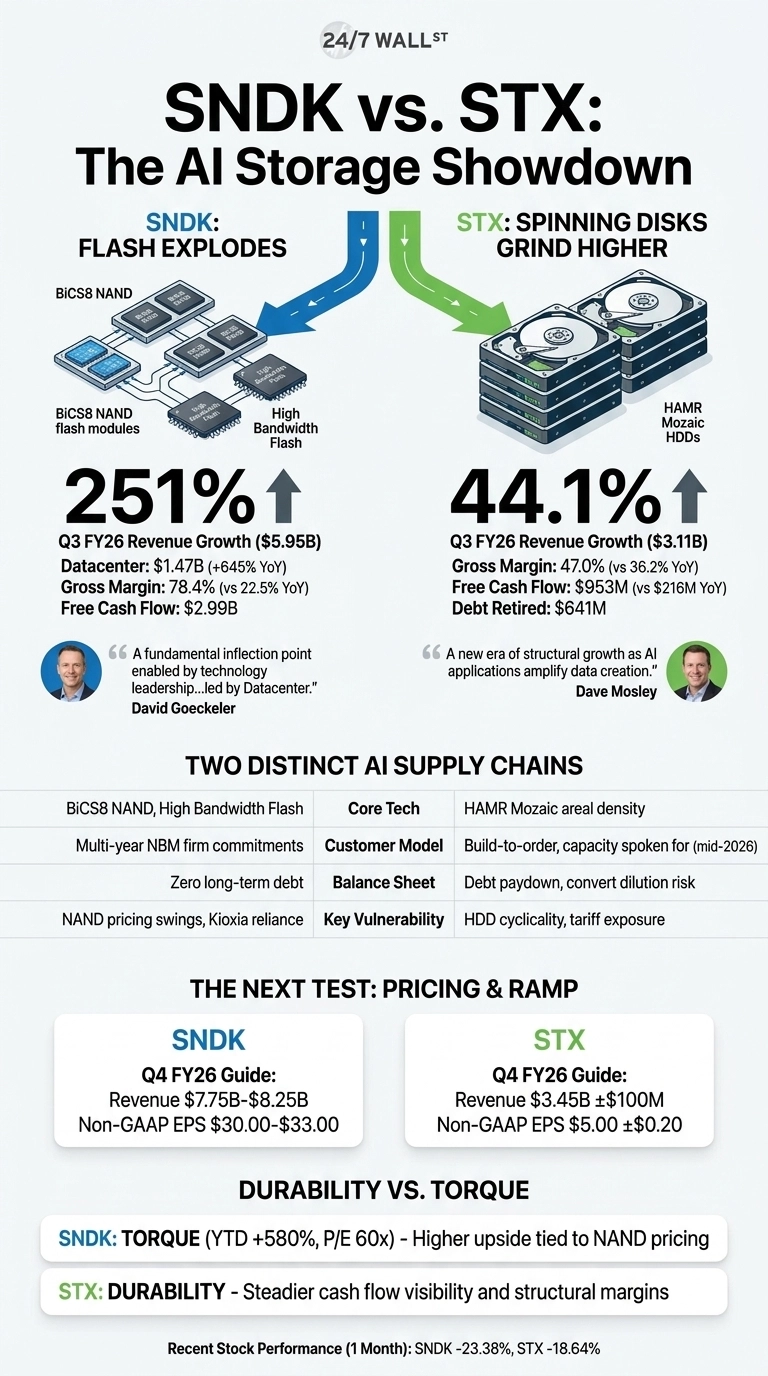 An infographic titled 'SNDK vs. STX: The AI Storage Showdown'. The top left features a blue section for SNDK, showing diagrams of BIC8 NAND flash modules and high bandwidth flash, with text 'SNDK: FLASH EXPLODES'. It lists Q3 FY26 Revenue Growth at 251% ($5.95B), Datacenter revenue at $1.47B (+645% YoY), Gross Margin at 78.4% (vs 22.5% YoY), and Free Cash Flow at $2.99B, accompanied by a quote from David Goeckeler. The top right, in a green section for STX, displays diagrams of HAMR Mozaic HDDs, with text 'STX: SPINNING DISKS GRIND HIGHER'. It lists Q3 FY26 Revenue Growth at 44.1% ($3.11B), Gross Margin at 47.0% (vs 36.2% YoY), Free Cash Flow at $953M (vs $216M YoY), and Debt Retired at $641M, along with a quote from Dave Mosley. A table titled 'Two Distinct AI Supply Chains' compares SNDK (BiCS8 NAND, High Bandwidth Flash; Multi-year NBM firm commitments; Zero long-term debt; NAND pricing swings, Kioxia reliance) and STX (HAMR Mozaic areal density; Build-to-order, capacity spoken for (mid-2026); Debt paydown, convert dilution risk; HDD cyclicality, tariff exposure) across categories: Core Tech, Customer Model, Balance Sheet, and Key Vulnerability. Below this, 'The Next Test: Pricing & Ramp' shows the Q4 FY26 Guide for SNDK (Revenue $7.75B-$8.25B, Non-GAAP EPS $30.00-$33.00) and STX (Revenue $3.45B ±$100M, Non-GAAP EPS $5.00 ±$0.20). The 'Durability vs. Torque' section describes SNDK as 'TORQUE (YTD +580%, P/E 60x) - Higher upside tied to NAND pricing' and STX as 'DURABILITY - Steadied cash flow visibility and structural margins'. The bottom text indicates 'Recent Stock Performance (1 Month): SNDK -23.38%, STX -18.64%'.