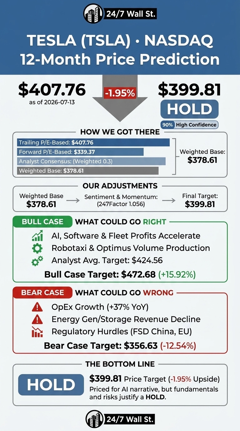An infographic titled 'TESLA (TSLA) • NASDAQ 12-Month Price Prediction' by 24/7 Wall St. It displays the current price of $407.76 as of 2026-07-13, a predicted target price of $399.81, and a -1.95% change indicated by a downward arrow. The recommendation is 'HOLD' with '90% High Confidence'. A section titled 'HOW WE GOT THERE' shows values for Trailing P/E-Based: $407.76, Forward P/E-Based: $339.37, Analyst Consensus: (Weighted 0.3), and a Weighted Base: $378.61. An 'OUR ADJUSTMENTS' section illustrates the Weighted Base of $378.61 being adjusted by 'Sentiment & Momentum: (247Factor 1.056)' to reach the 'Final Target: $399.81'. A green 'BULL CASE' section outlines positive factors like 'AI, Software & Fleet Profits Accelerate' and 'Robotaxi & Optimus Volume Production', listing an Analyst Avg. Target: $424.56 and a Bull Case Target: $472.68 (+15.92%). A red 'BEAR CASE' section details negative factors such as 'OpEx Growth (+37% YoY)', 'Energy Gen/Storage Revenue Decline', and 'Regulatory Hurdles (FSD China, EU)', with a Bear Case Target: $356.63 (-12.54%). 'THE BOTTOM LINE' reiterates the 'HOLD' recommendation for the $399.81 Price Target (-1.95% Upside), noting it is 'Priced for AI narrative, but fundamentals and risks justify a HOLD'.