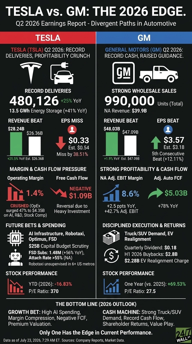 An infographic titled 'TESLA vs. GM: THE 2026 EDGE' comparing the Q2 2026 earnings reports of Tesla and General Motors, presented on a dark background. The left side, under a red bar, details Tesla's performance with white text and icons. It shows 'Record Deliveries' of 480,126, a bar chart for 'Revenue Beat' ($28.24B vs $26.36B estimated), an arrow pointing down for 'EPS Miss' ($0.33 vs $0.54 estimated), a downward trend chart for 'Operating Margin' (1.4%), a red negative value for 'Free Cash Flow' (-$1.09B), icons for 'Future Bets & Spending' mentioning AI and Robotaxi with a YTD stock performance of -16.83%. The right side, under a blue bar, details GM's performance. It shows 'Strong Wholesale Sales' of 990,000 units, a bar chart for 'Revenue Beat' ($48.03B vs $47.09B estimated), an arrow pointing up for 'EPS Beat' ($3.57 vs $3.18 estimated), an upward trend chart for 'NA Adj. EBIT Margin' (8.6%), a green positive value for 'Adj. Auto FCF' ($5.03B), icons for 'Disciplined Execution & Returns' mentioning dividends and buybacks with a one-year stock performance of +69.53%. The bottom section provides 'The Bottom Line (2026 Outlook)' for both companies, concluding 'Only One Has the Edge in Current Performance'. Data is as of July 23, 2026.