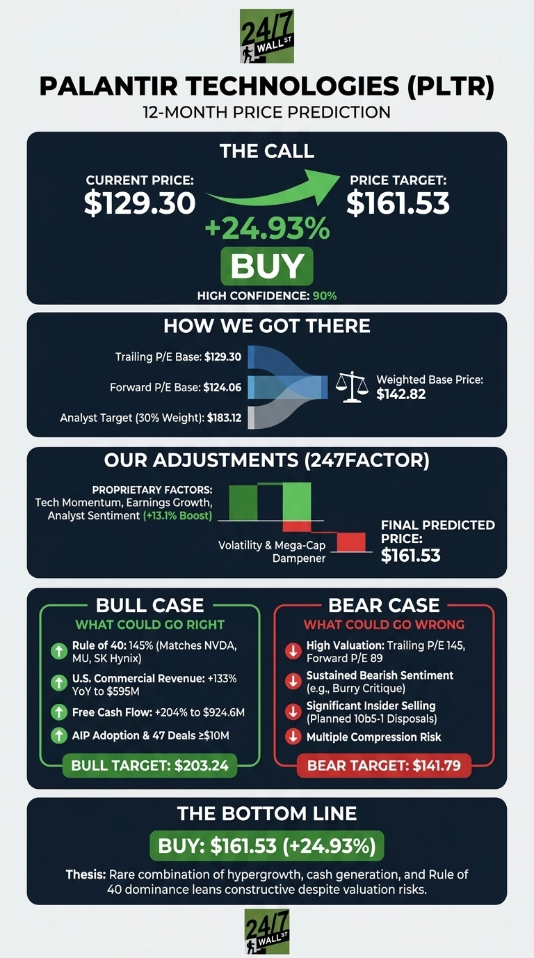 An infographic titled 'Palantir Technologies (PLTR) 12-Month Price Prediction'. It shows a 'BUY' recommendation with a current price of $129.30, a price target of $161.53, and a 24.93% upside, with 90% high confidence. Sections detail methodology including trailing P/E base of $129.30, forward P/E base of $124.06, and an analyst target (30% weight) of $183.12, leading to a weighted base price of $142.82. Adjustments include proprietary factors (Tech Momentum, Earnings Growth, Analyst Sentiment, +13.1% Boost) and a Volatility & Mega-Cap Dampener, resulting in the final predicted price of $161.53. A 'BULL CASE' section lists factors like Rule of 40: 145%, U.S. Commercial Revenue: +133% YoY to $595M, Free Cash Flow: +204% to $924.6M, AIP Adoption & 47 Deals >=$10M, with a bull target of $203.24. A 'BEAR CASE' section lists factors like High Valuation (Trailing P/E 145, Forward P/E 89), Sustained Bearish Sentiment, Significant Insider Selling, Multiple Compression Risk, with a bear target of $141.79. The bottom line reiterates 'BUY: $161.53 (+24.93%)' and a thesis statement.