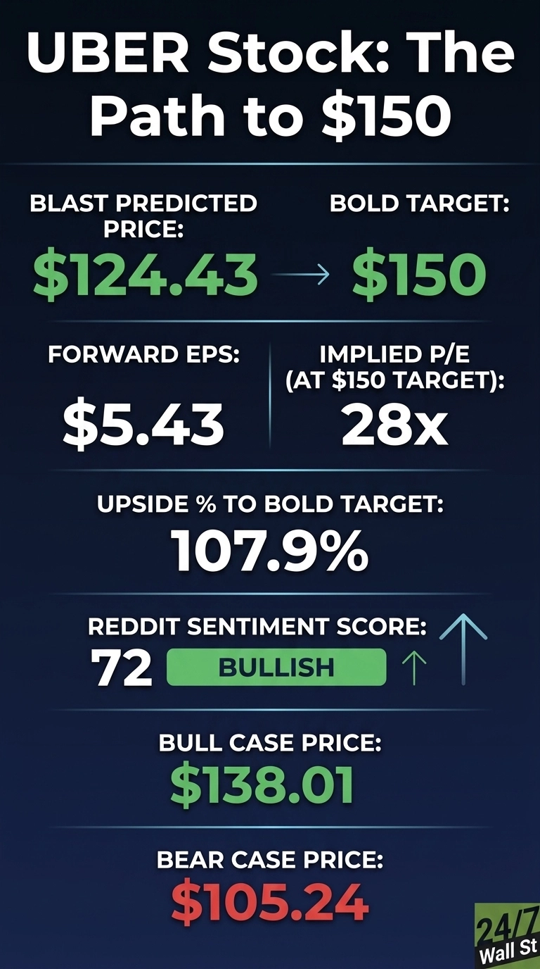 An infographic titled 'UBER Stock: The Path to $150' on a dark blue background. It displays a Blast Predicted Price of $124.43, with an arrow pointing to a Bold Target of $150. Below this, it lists a Forward EPS of $5.43 and an Implied P/E (at $150 target) of 28x. Further down, it shows Upside % to Bold Target of 107.9% and a Reddit Sentiment Score of 72, labeled 'BULLISH' with green upward arrows. At the bottom, a Bull Case Price of $138.01 is shown in green, and a Bear Case Price of $105.24 is shown in red. The 24/7 Wall St logo is in the bottom right corner.