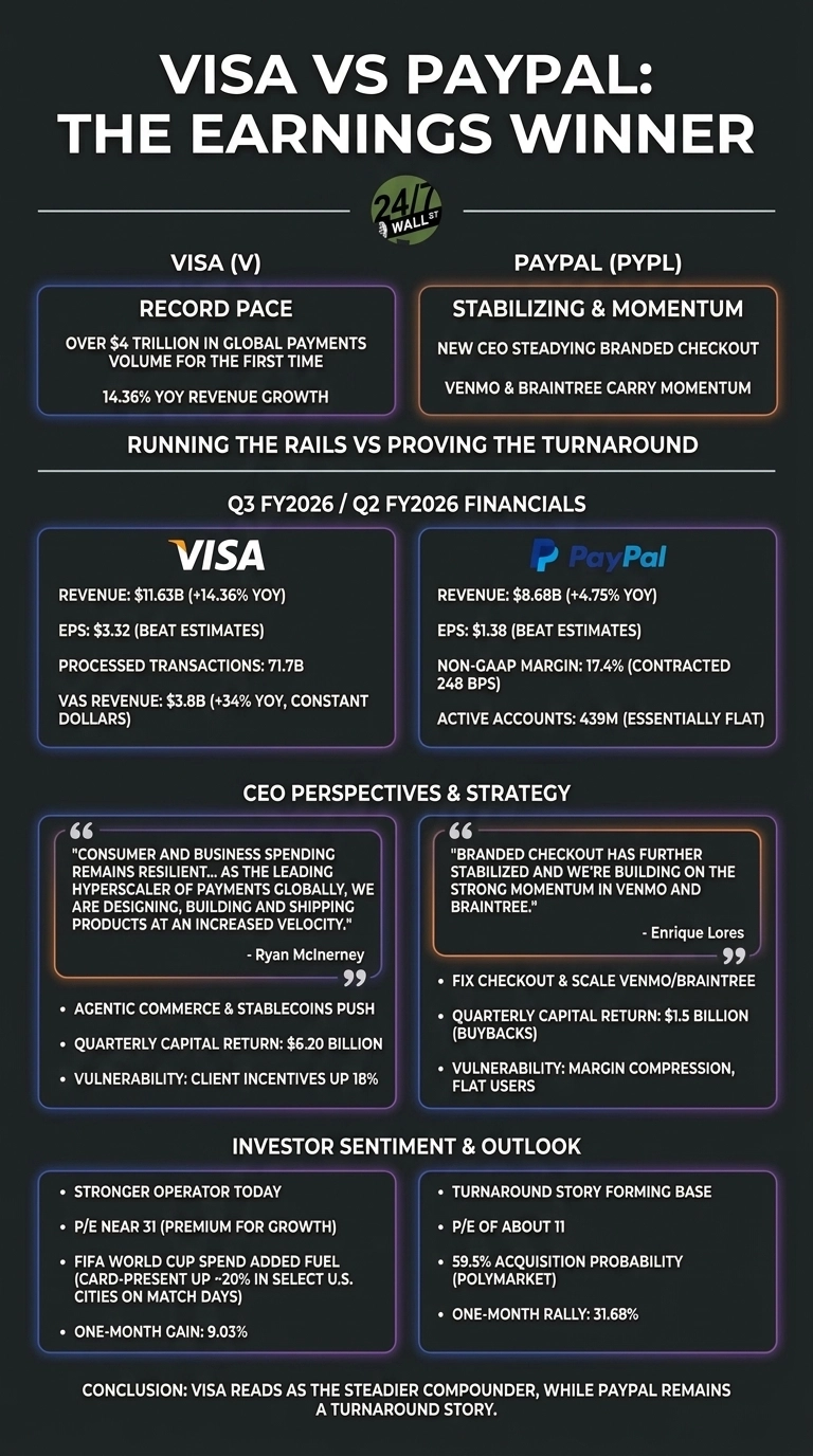 An infographic comparing Visa (V) and PayPal (PYPL) earnings performance for Q3 FY2026 and Q2 FY2026, respectively. The graphic is laid out in columns for each company, detailing their financial results, CEO perspectives and strategies, and investor sentiment. Key data points include Visa's $11.63B revenue with 14.36% YOY growth, and PayPal's $8.68B revenue with 4.75% YOY growth. It highlights Visa's record pace and strong capital return, contrasting with PayPal's stabilization efforts, branded checkout focus, and significant one-month stock rally. The infographic concludes that Visa is a 'steadier compounder' and PayPal is a 'turnaround story'.