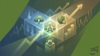 An abstract financial illustration featuring icons for technology, growth, and security set against a backdrop of rising stock market trend lines.