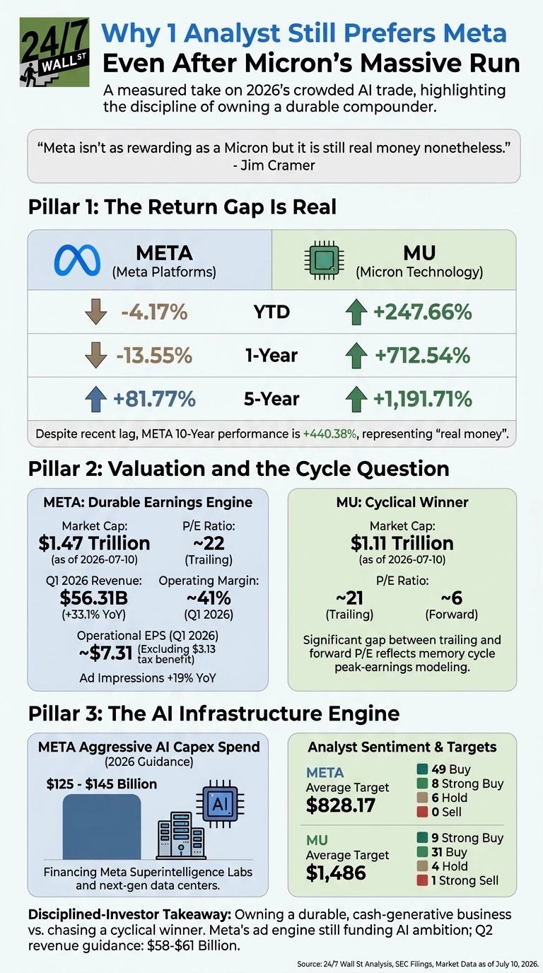 An infographic titled 'Why 1 Analyst Still Prefers Meta Even After Micron's Massive Run'. The infographic is divided into three main pillars and a takeaway section. Pillar 1, 'The Return Gap Is Real', features a table comparing YTD, 1-Year, and 5-Year stock performance for Meta Platforms (META) and Micron Technology (MU). Meta's returns are -4.17%, -13.55%, and +81.77% respectively, while Micron's are +247.66%, +712.54%, and +1,191.71%. Pillar 2, 'Valuation and the Cycle Question', presents financial metrics. Meta is labeled a 'Durable Earnings Engine' with a market cap of $1.47 Trillion as of 2026-07-10 and a trailing P/E Ratio of ~22. It shows Q1 2026 Revenue of $56.31B (+33.1% YoY), Operating Margin of ~41% (Q1 2026), and Operational EPS (Q1 2026) of ~$7.31. Micron is labeled a 'Cyclical Winner' with a market cap of $1.11 Trillion as of 2026-07-10, a trailing P/E Ratio of ~21, and a forward P/E Ratio of ~6. Pillar 3, 'The AI Infrastructure Engine', highlights Meta's Aggressive AI Capex Spend (2026 Guidance) of $125 - $145 Billion, financing Superintelligence Labs and next-gen data centers. This pillar also includes 'Analyst Sentiment & Targets' for both companies. Meta's average target is $828.17 with 49 Buy, 8 Strong Buy, 6 Hold, and 0 Sell ratings. Micron's average target is $1,486 with 9 Strong Buy, 31 Buy, 4 Hold, and 1 Strong Sell ratings. A 'Disciplined-Investor Takeaway' concludes the infographic, emphasizing owning a durable, cash-generative business versus chasing a cyclical winner.