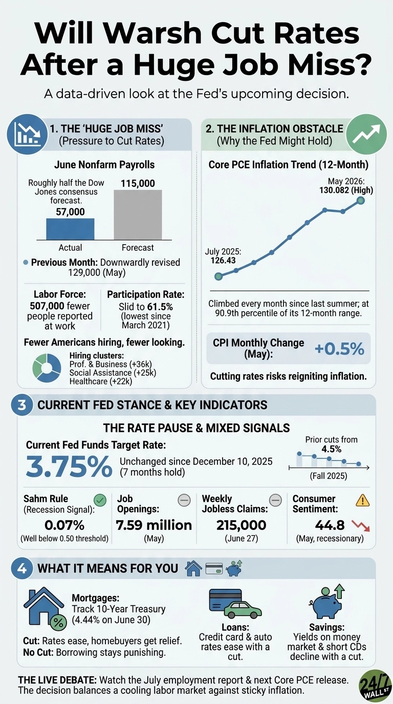 An infographic titled 'Will Warsh Cut Rates After a Huge Job Miss?'. Section 1, 'The Huge Job Miss', shows a bar chart of June Nonfarm Payrolls: Actual 57,000 versus Forecast 115,000. It notes 507,000 fewer people in the labor force and a participation rate of 61.5%. Section 2, 'The Inflation Obstacle', displays a line chart of Core PCE Inflation Trend (12-Month), showing May 2026 at 130.082 and July 2025 at 126.43, with a CPI Monthly Change of +0.5% in May. Section 3, 'Current Fed Stance & Key Indicators', highlights the Fed Funds Target Rate at 3.75%, held for 7 months since December 10, 2025. It also lists Sahm Rule at 0.07%, Job Openings at 7.59 million (May), Weekly Jobless Claims at 215,000 (June 27), and Consumer Sentiment at 44.8 (May, recessionary). Section 4, 'What It Means For You', details the impact on Mortgages (10-Year Treasury at 4.44% on June 30), Loans, and Savings, depending on a rate cut or no cut.