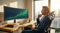 A confident man in a dark blue suit sits at a modern wooden desk, gazing towards a large window with a city view. To his left, a wide curved monitor displays a bright green, upward-trending stock market graph against a dark background. On the desk are two stacked leather-bound notebooks, a keyboard, a mouse, a metal pen holder, and a light brown coffee mug. Warm sunlight illuminates the man and the office.