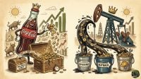 A cartoon illustration comparing a Coca-Cola bottle and an oil derrick, both wearing crowns and distributing gold coins into treasure chests and buckets labeled for dividends and buybacks.