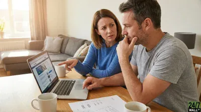 A concerned-looking couple sits at a wooden table in a living room, intently focused on a silver laptop. The woman, wearing a blue sweater, points at the screen while looking at the man, who is in a grey t-shirt and rests his chin on his hand, appearing thoughtful. Financial documents and coffee mugs are on the table, with a sofa and window visible in the softly lit background.