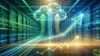 A digitally rendered image of a data center filled with rows of dark server racks, emitting blue and green light. Glowing lines in green, blue, and gold crisscross the scene, forming three prominent upward-pointing arrows that culminate in a vibrant, data-infused cloud shape. Below, a glowing line forms an upward-trending graph across the floor. The overall impression is one of dynamic technological growth and data flow.