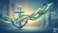 A stylized silver anchor stands prominently in the foreground, with its flukes pointing left and right. Behind it, several intertwining, glowing lines form dynamic upward-pointing arrows in shades of green and gold. In the blurred background, classical architectural columns suggest stability. The overall color scheme is cool blue and green with warm golden accents.