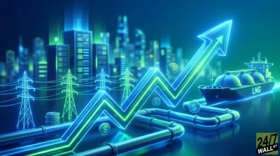 A futuristic digital illustration shows a blue and green glowing financial chart with dollar signs trending upwards, superimposed over a cityscape with power lines, pipelines, and an LNG ship. The scene is dark blue with vibrant neon blue and green elements, suggesting energy infrastructure and market growth.