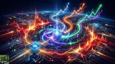 A highly stylized and vibrant digital image depicting a futuristic circuit board with multiple glowing processor chips. Neon light trails in blue, purple, green, orange, and red swirl dynamically across the dark background, forming abstract data flows and upward-trending stock market charts with numerical values. The charts show significant positive growth, illuminated by bright arrows. The overall impression is one of intense digital activity, innovation, and technological advancement in a financial context. The '24/7 WALL ST' logo is in the bottom left.