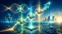 A vibrant digital illustration shows interconnected microchips on a circuit board, emitting glowing green and gold light beams that culminate in a large upward-pointing arrow. In the background, a futuristic cityscape glows against a sunrise sky, with abstract data waves above. The 24/7 Wall St logo appears in the bottom right.