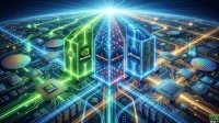 A futuristic digital landscape depicts a vast, glowing circuit board with numerous integrated circuits, silicon wafers, and three prominent, glowing skyscraper-like structures in the foreground. The left green structure displays the NVIDIA logo and name, the central blue structure shows the Broadcom logo and name twice, and the right blue structure features the Micron logo and name. Bright, colorful lines of green, blue, and gold representing data flows connect the components across the dark blue background, suggesting a global network.