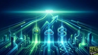 A futuristic digital illustration depicts a vibrant blue and green technological landscape with glowing circuit lines and abstract city structures. The year '2030' is prominently displayed at the top, with a large, faceted upward-pointing arrow symbolizing growth leading towards it. Below the arrow, three major tech company logos are featured: Nvidia (green chip), an Amazon cloud icon, and Palantir (interlocking geometric shapes). Light trails and interconnected nodes create a sense of data flow and connectivity across the scene. A '24/7 WALL ST' logo appears in the bottom right corner.