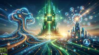 A futuristic digital landscape at sunset, featuring three main structures. On the left, a blue glowing cloud-tree with the 'amazon' logo and shopping cart icon. In the center, a green glowing city with a large 'NVIDIA' chip logo, and the number '2030' prominently displayed below it. On the right, a blue cityscape with interconnected social media and user icons. Bright data pathways glow in blue, orange, and green, converging towards the structures. A '24/7 WALL ST' logo is in the bottom left corner.