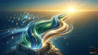 A stylized stone fortress with battlements at the bottom left emits multiple vibrant, glowing streams of blue, green, and golden light. These streams arc upwards and to the right, winding dynamically towards a brilliant golden sun on the horizon. Numerous sparkling light particles accompany the streams, creating a sense of energetic movement against a dark blue and golden gradient sky.