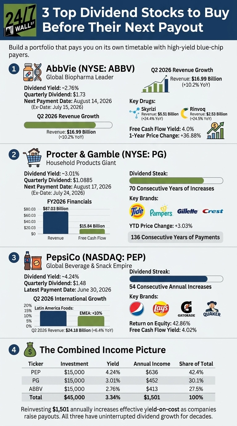 An infographic titled '3 Top Dividend Stocks to Buy Before Their Next Payout' details financial information for three companies. Section 1, AbbVie, shows Q2 2026 revenue growth bar chart, key drug revenues for Skyrizi and Rinvoq, a 4.0% Free Cash Flow Yield, and a +36.88% 1-Year Price Change. Section 2, Procter & Gamble, displays FY2026 financials with a revenue of $87.03 Billion and free cash flow of $15.84 Billion in a bar chart, a 70 consecutive year dividend streak, key brands (Tide, Pampers, Gillette, Crest), and 136 consecutive years of payments. Section 3, PepsiCo, presents Q2 2026 international growth bar chart showing Latin America Foods and EMEA +10% growth with total Q2 2026 revenue of $24.18 Billion, a 54 consecutive annual increase dividend streak, key brands (Pepsi, Lay's, Gatorade, Quaker), 42.86% Return on Equity, and 4.02% Free Cash Flow Yield. Section 4, 'The Combined Income Picture,' is a table summarizing investment, yield, annual income, and share of total for PEP, PG, and ABBV, totaling $45,000 investment for $1,501 annual income. The infographic uses a green and white color scheme.