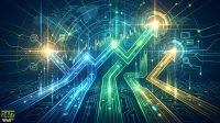 An abstract digital graphic featuring glowing blue, green, and yellow lines resembling circuit board pathways, leading into three prominent upward-pointing arrows. A translucent world map grid is visible in the background, along with subtle stock market candlestick charts and various tech-related icons like a globe, database, and magnifying glass. The overall composition conveys interconnectedness, growth, and technological advancement. The '24/7 Wall St' logo is present in the bottom left corner.