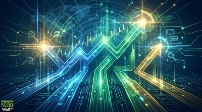 An abstract digital graphic featuring glowing blue, green, and yellow lines resembling circuit board pathways, leading into three prominent upward-pointing arrows. A translucent world map grid is visible in the background, along with subtle stock market candlestick charts and various tech-related icons like a globe, database, and magnifying glass. The overall composition conveys interconnectedness, growth, and technological advancement. The '24/7 Wall St' logo is present in the bottom left corner.