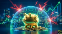 A gold piggy bank with a dollar sign rests on a bed of gold coins, enclosed under a glowing blue and green hexagonal dome. Red lightning bolts representing market risks strike and are deflected by the protective shield. In the blurred background, financial graphs and city lights are visible.