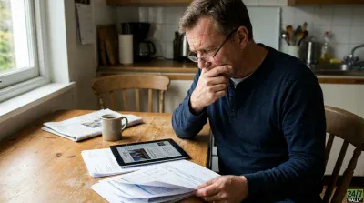 A middle-aged man with short brown hair and glasses, wearing a dark blue Henley shirt, sits at a wooden kitchen table. He is looking down intently at a stack of papers he holds in his left hand, while his right hand rests thoughtfully near his chin. On the table, a digital tablet displays a news website, a folded newspaper, and a beige coffee mug are also visible. A bright window and a kitchen counter with various items are in the blurred background.
