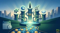 A stylized illustration of a financial pipeline system set against a blurred city background. Five prominent pillars support glowing icons: a medical cross with an upward arrow, a blue wave, a classic soda bottle with a star, an oil derrick with an upward arrow, and two stacked sheets. Gears and interconnected pipes form the central structure, channeling into a circular pool that flows into a winding river of golden coins. The coins feature dollar signs, Bitcoin 'B's, and Ethereum 'E's, radiating light. In the bottom left, a calendar displays 'AUGUST' and a clock shows the current time, emphasizing a temporal element. The scene is rendered in cool blue and green tones with bright golden accents, conveying growth and prosperity.