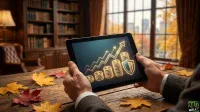 A person's hands hold a tablet displaying a glowing gold financial graph with an upward arrow, stacks of dollar coins, and a shield icon. The tablet is on a wooden table scattered with red, orange, and yellow fall leaves. In the blurred background, there's a cozy room with bookshelves, a leather armchair, and a window overlooking autumnal trees.