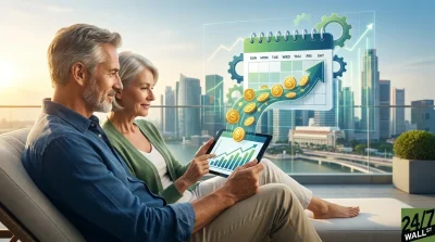 An older man with gray hair and beard, wearing a blue shirt, sits next to an older woman with gray hair, wearing a green cardigan, on a lounge chair on a balcony overlooking a city skyline at sunset. The woman points to a tablet held by the man, which displays a green bar graph with an upward arrow. A translucent holographic overlay shows a calendar with golden dollar coins flowing along an upward trending line towards a large upward arrow and gears, set against the backdrop of modern skyscrapers and a body of water.