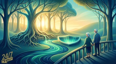 An illustration featuring an elderly couple, holding hands, standing on a wooden bridge, looking out at a fantastical landscape. The landscape includes large, ancient trees with exposed roots, a winding river with glowing blue water flowing from beneath the tree roots, and a prominent, glowing blue shield emblem on the riverbank. The background shows rolling green hills and a bright, warm golden light filtering through more trees, suggesting a sunrise or sunset. The overall mood is serene and hopeful. A '24/7 WALL ST' logo is in the bottom left corner.