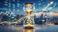 A glowing hourglass stands centrally on a reflective surface against a blurred cityscape backdrop at dusk. Golden sand, illuminated with light and dollar signs, falls from the top to the bottom bulb. In the bottom, a golden plant with dollar sign leaves grows from the sand. The background features glowing financial charts, upward arrows, and clock gears, all in hues of blue, orange, and gold, symbolizing time, growth, and financial investment.