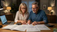 A focused older Caucasian couple sits at a wooden desk in a softly lit room. The woman, with blonde hair and glasses, and the man, with grey hair, a beard, and glasses, lean forward, intently pointing at and examining papers spread on the table. A silver laptop showing a line graph trending upwards, an open book, and two calculators are also visible on the desk. The background features warm-toned lamps, furniture, and wall art.