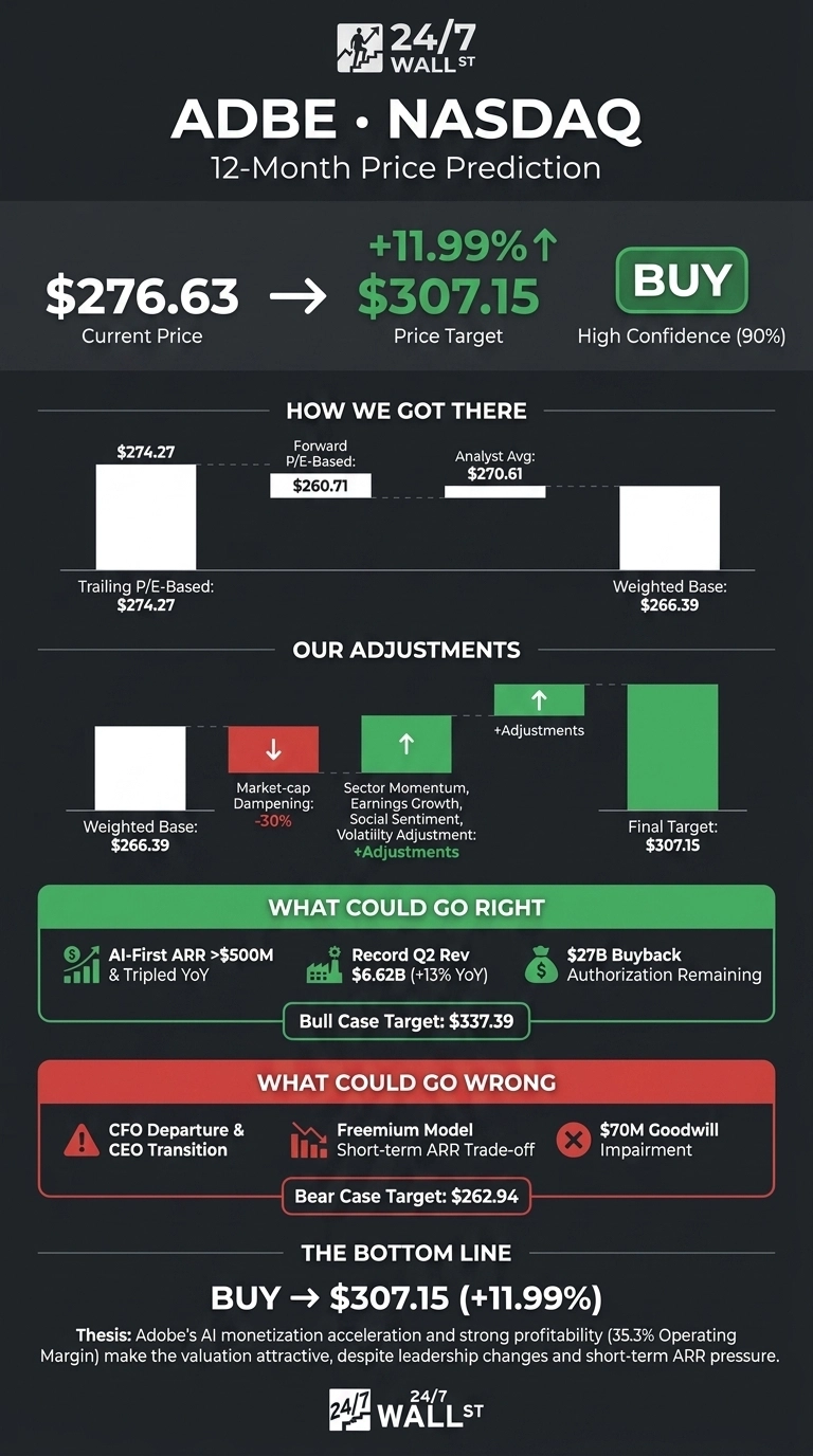 An infographic titled 'ADBE • NASDAQ 12-Month Price Prediction' on a dark gray background. It displays the current price of $276.63, a 12-month price target of $307.15, indicating an 11.99% increase, with a 'BUY' recommendation and 90% confidence. The 'HOW WE GOT THERE' section shows values for Trailing P/E-Based ($274.27), Forward P/E-Based ($260.71), Analyst Avg ($270.61), and a Weighted Base ($266.39). 'OUR ADJUSTMENTS' illustrates a progression from Weighted Base to Final Target ($307.15) with a -30% market-cap dampening and positive adjustments for sector momentum and other factors. 'WHAT COULD GO RIGHT' section lists AI-First ARR >$500M, Record Q2 Rev $6.62B (+13% YoY), and $27B Buyback Authorization Remaining, with a Bull Case Target of $337.39. 'WHAT COULD GO WRONG' section lists CFO Departure & CEO Transition, Freemium Model Short-term ARR Trade-off, and $70M Goodwill Impairment, with a Bear Case Target of $262.94. The bottom line reiterates 'BUY -> $307.15 (+11.99%)' and provides a thesis on Adobe's AI monetization. The 24/7 Wall St logo is present at the top and bottom.