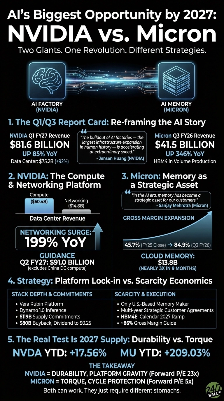 An infographic titled 'AI's Biggest Opportunity by 2027: NVIDIA vs. Micron', featuring a dark background with white and blue text. It visually compares NVIDIA's AI Factory (brain icon) and Micron's AI Memory (stacked chip icon). Section 1, 'The Q1/Q3 Report Card', highlights NVIDIA Q1 FY27 revenue of $81.6 BILLION (UP 85% YoY, Data Center: $75.2B (+92%)) and Micron Q3 FY26 revenue of $41.5 BILLION (UP 346% YoY, HBM4 in Volume Production), alongside quotes from their CEOs. Section 2, 'NVIDIA: The Compute & Networking Platform', shows Data Center Revenue breakdown into Compute ($60.4B) and Networking ($14.8B), with Networking Surge of 199% YoY, and Q2 FY27 Guidance of $91.0 BILLION. Section 3, 'Micron: Memory as a Strategic Asset', displays Gross Margin Expansion from 45.7% (FY25 Close) to 84.9% (Q3 FY26) and Cloud Memory of $13.8B (nearly 3x in 9 months). Section 4, 'Strategy: Platform Lock-in vs. Scarcity Economics', presents a table listing Stack Depth & Commitments (Vera Rubin Platform, $119B Supply Commitments, $80B Buyback, Dividend to $0.25) and Scarcity & Execution (Only U.S.-Based Memory Maker, Multi-year Strategic Customer Agreements, HBM4E: Calendar 2027 Ramp, ~86% Gross Margin Guide). Section 5, 'The Real Test Is 2027 Supply: Durability vs. Torque', indicates NVDA YTD: +17.56% and MU YTD: +209.03%, concluding with a takeaway on NVIDIA (Durability, Platform Gravity, Forward P/E 23x) and Micron (Torque, Cycle Protection, Forward P/E 5x).