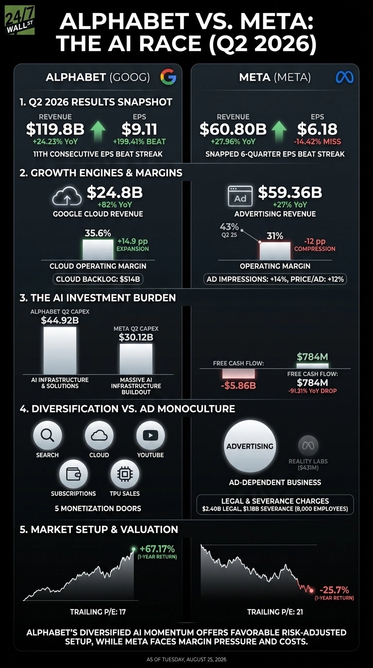 An infographic titled 'Alphabet vs. Meta: The AI Race (Q2 2026)' presented on a dark background. It compares Alphabet (GOOG) and Meta (META) across five sections laid out side-by-side. Section 1 shows Q2 2026 Results Snapshot with revenue and EPS. Section 2 details Growth Engines & Margins, featuring Google Cloud revenue and operating margin for Alphabet, and Advertising Revenue and operating margin for Meta. Section 3, The AI Investment Burden, uses a bar chart to compare Q2 CAPEX for both companies and displays their free cash flow. Section 4, Diversification vs. Ad Monoculture, uses icons to represent Alphabet's five monetization doors and highlights Meta's ad-dependent business model with Reality Labs. Section 5, Market Setup & Valuation, presents 1-year return line charts and trailing P/E ratios for both companies, concluding with a summary statement about their respective positions in the AI race.