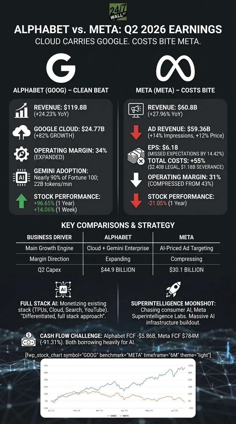 An infographic titled 'ALPHABET vs. META: Q2 2026 EARNINGS' with the subtitle 'CLOUD CARRIES GOOGLE. COSTS BITE META.' The infographic is divided into sections comparing Alphabet (GOOG) and Meta (META). The Alphabet section shows Revenue of $119.8B (+24.23% YoY), Google Cloud revenue of $24.77B (+82% GROWTH), Operating Margin of 34% (EXPANDED), Gemini Adoption reaching nearly 90% of Fortune 100 with 22B tokens/min, and Stock Performance of +96.65% (1 Year) and +14.06% (1 Week). The Meta section shows Revenue of $60.8B (+27.96% YoY), Ad Revenue of $59.36B (+14% Impressions, +12% Price), EPS of $6.18 (MISSED EXPECTATIONS BY 14.42%), Total Costs of +55% ($2.40B LEGAL, $1.18B SEVERANCE), Operating Margin of 31% (COMPRESSED FROM 43%), and Stock Performance of -21.05% (1 Year). Below, a table titled 'KEY COMPARISONS & STRATEGY' compares both companies on Main Growth Engine (Cloud + Gemini Enterprise for Alphabet, AI-Priced Ad Targeting for Meta), Margin Direction (Expanding for Alphabet, Compressing for Meta), and Q2 Capex ($44.9 BILLION for Alphabet, $30.1 BILLION for Meta). Strategic summaries are provided, with Alphabet focusing on 'FULL STACK AI' and Meta on 'SUPERINTELLIGENCE MOONSHOT'. A 'CASH FLOW CHALLENGE' section notes Alphabet FCF -$5.86B and Meta FCF $784M (-91.31%), with both borrowing heavily for AI. A line chart at the bottom compares the stock performance of GOOG and META from January 2025 to June 2025, with GOOG showing significant upward trend and META remaining relatively flat.