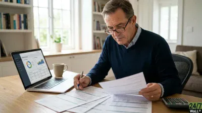 A senior man with glasses and a blue v-neck sweater sits at a light wooden desk, holding a pen and writing on a stack of papers. To his left, an open silver laptop displays a financial dashboard with a pie chart and a line graph. A light brown coffee mug is next to the laptop. To his right, a black calculator is visible. In the background, bookshelves filled with books and a window are blurred.
