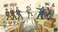 A cartoon-style illustration showing a tug-of-war between bearish analysts and bullish institutional investors over a man walking a tightrope graph.